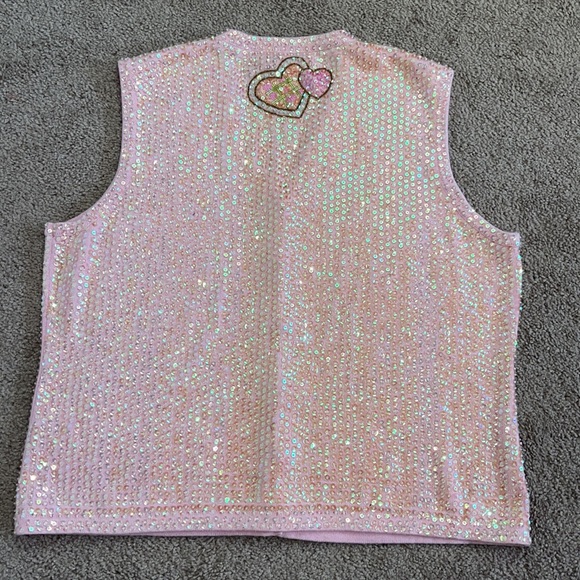 Vest, pink, Sequins, hearts size XL. By Just B. Pink. Faux buttons on outside - Picture 9 of 12